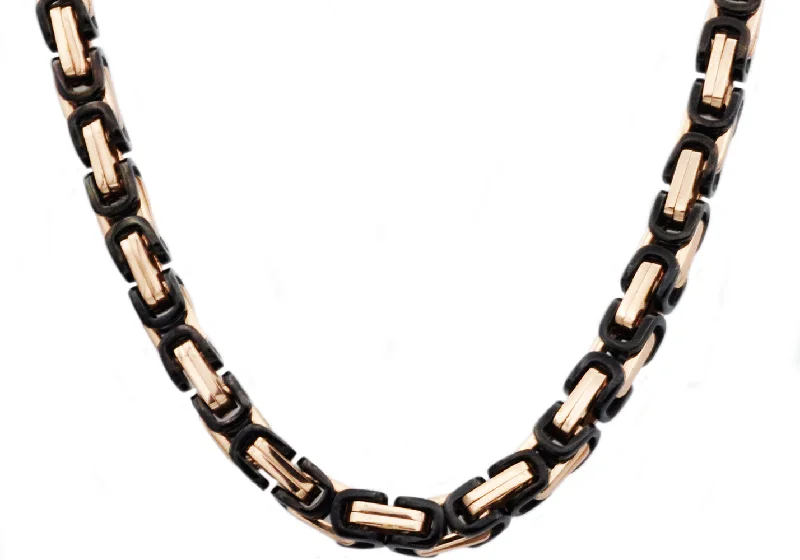 rose gold necklace for women-Mens Rose And Black Stainless Steel Byzantine Link Chain Necklace