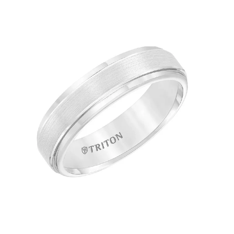 halo ring engagement rings for women-ELTON Raised Brush Finished Center White Tungsten Carbide Comfort Fit Band with Polished Step Edges by Triton Rings - 6 mm