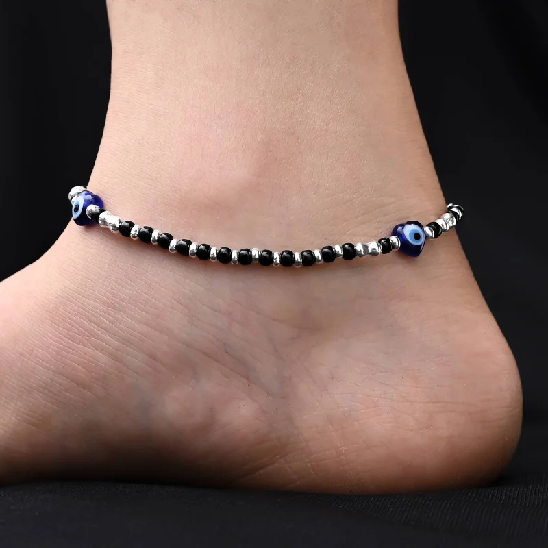 anklets for daily wear for women-Silver Trendy Dual Heart Evil Eye Charms Anklets