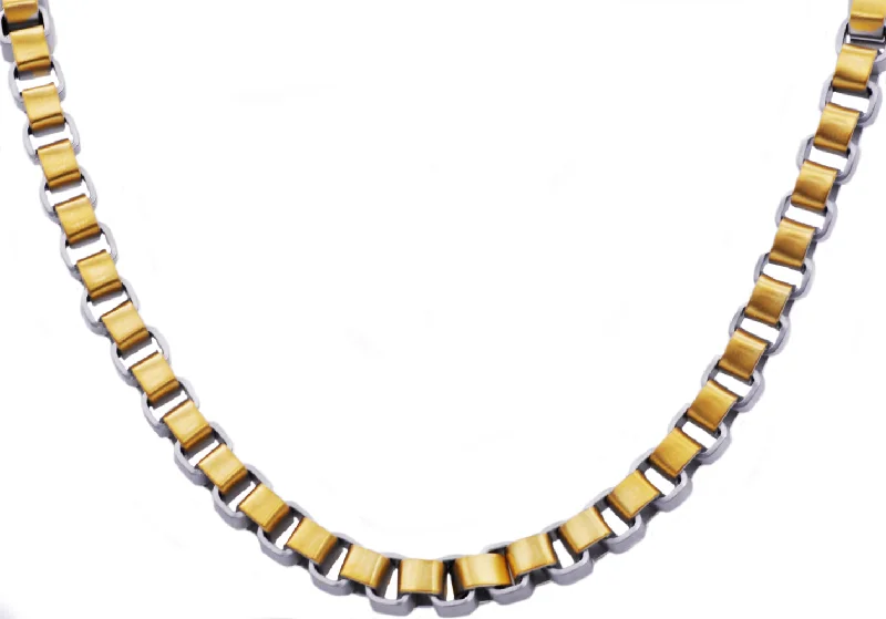 diamond necklace for women-Mens Gold Stainless Steel  Two Tone Box Link Chain Necklace