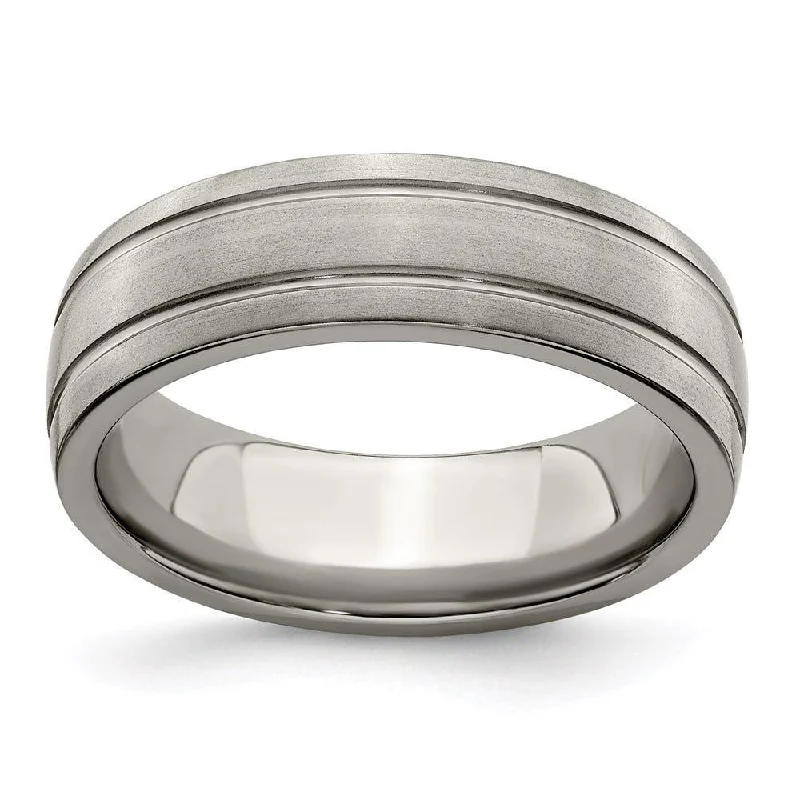 diamond engagement rings for women-Edward Mirell Titanium Brushed & Polished Grooved 7mm Band