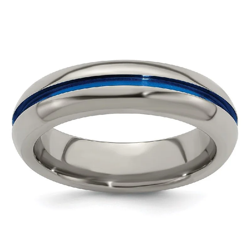 simple solitaire engagement rings for women-Edward Mirell Titanium with Blue Anodized Center Stripe Domed 6mm Band