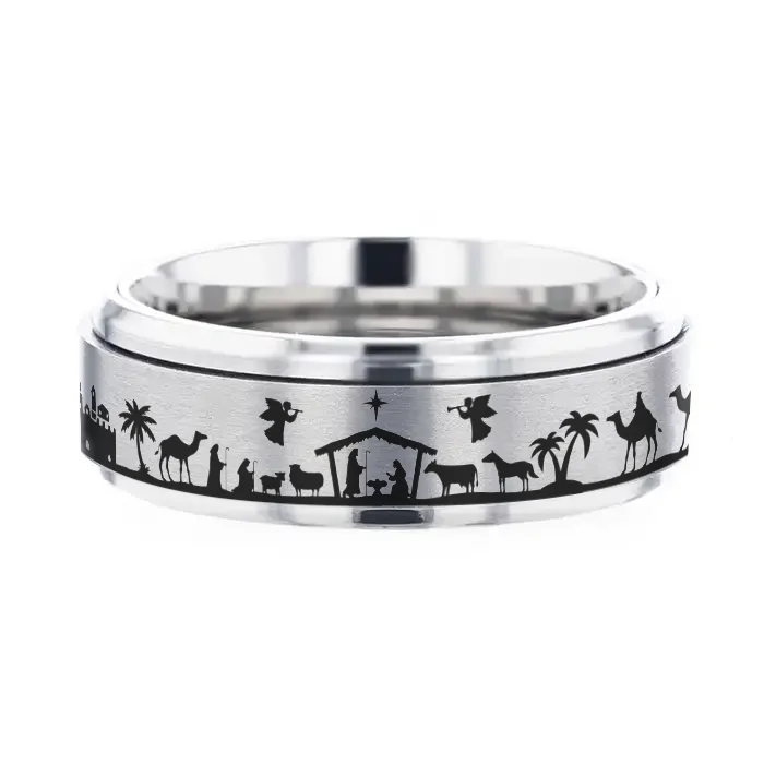 simple solitaire engagement rings for women-NATIVITY SCENE on Spinning Tungsten Carbide Ring