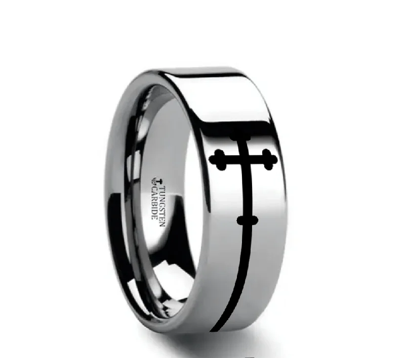 affordable engagement ring sets for women-SIDEWAYS CROSS on Flat Tungsten Carbide Ring