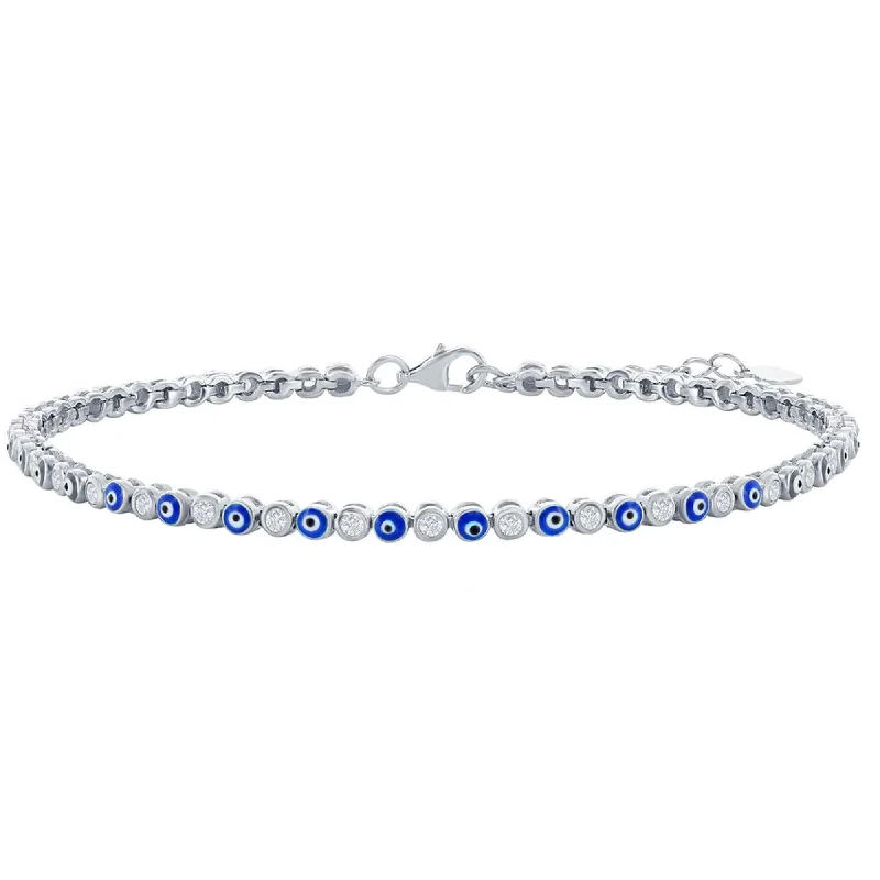 ankle bracelets for women-Classic Women's Anklet - Sterling Silver Alternating Evil Eye and CZ Tennis | R-9280