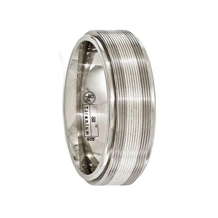 affordable engagement rings for women-LAELIUS Titanium Ring with Sterling Silver Textured Lines by Edward Mirell - 7.5 mm