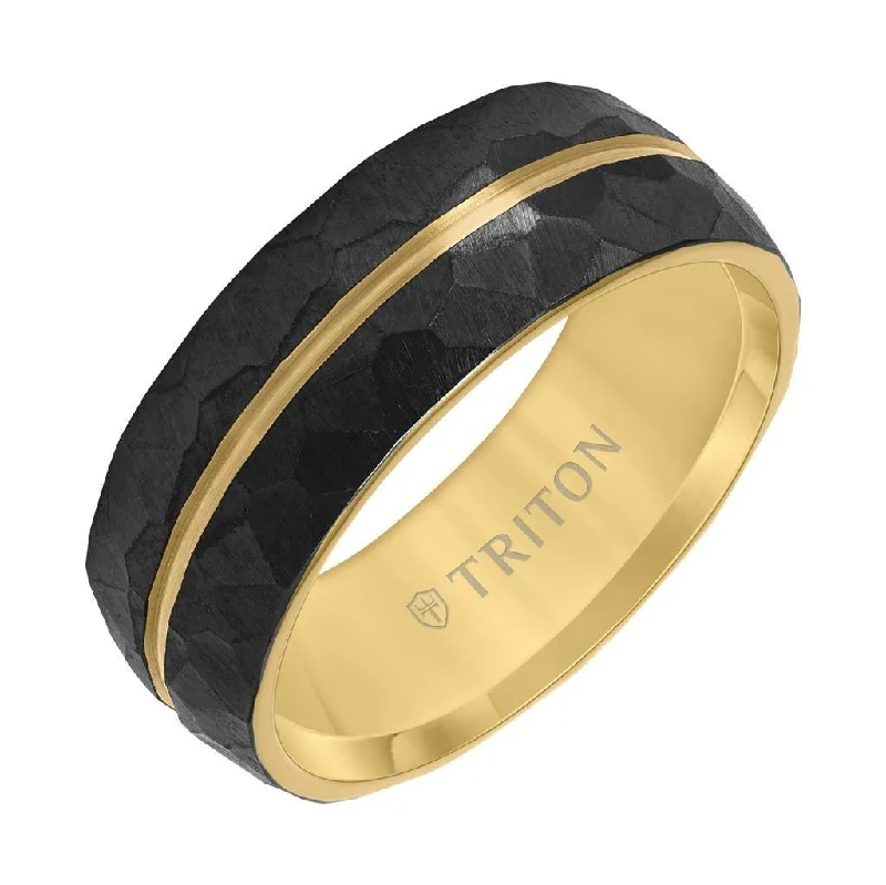 princess cut engagement rings for women-BEAMAN 8MM Black Titanium and Yellow PVD-Plated Ring with Brushed Finish