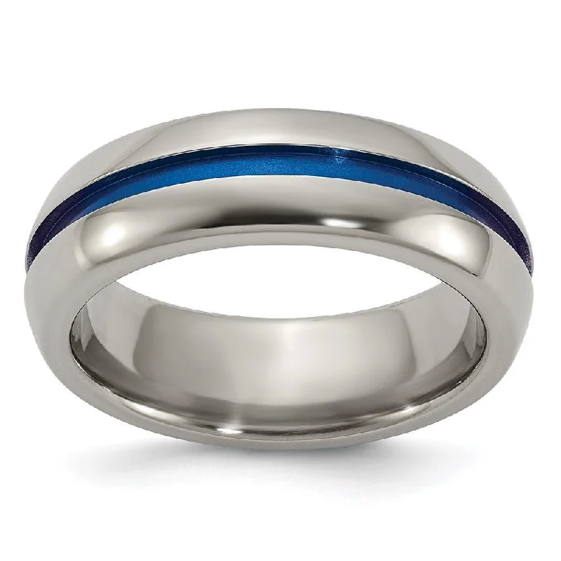 wedding set engagement rings for women-Edward Mirell Titanium with Blue Anodized Center Stripe Domed 7mm Band