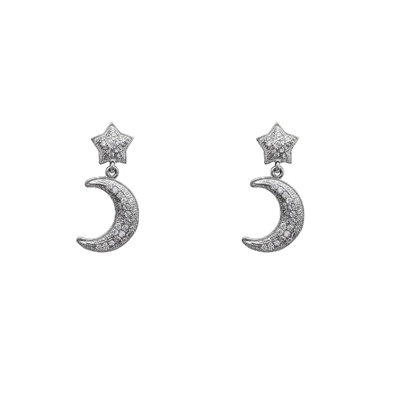 large earrings for women-Zirconia Moon & Star Stud Dangling Earrings (Silver)