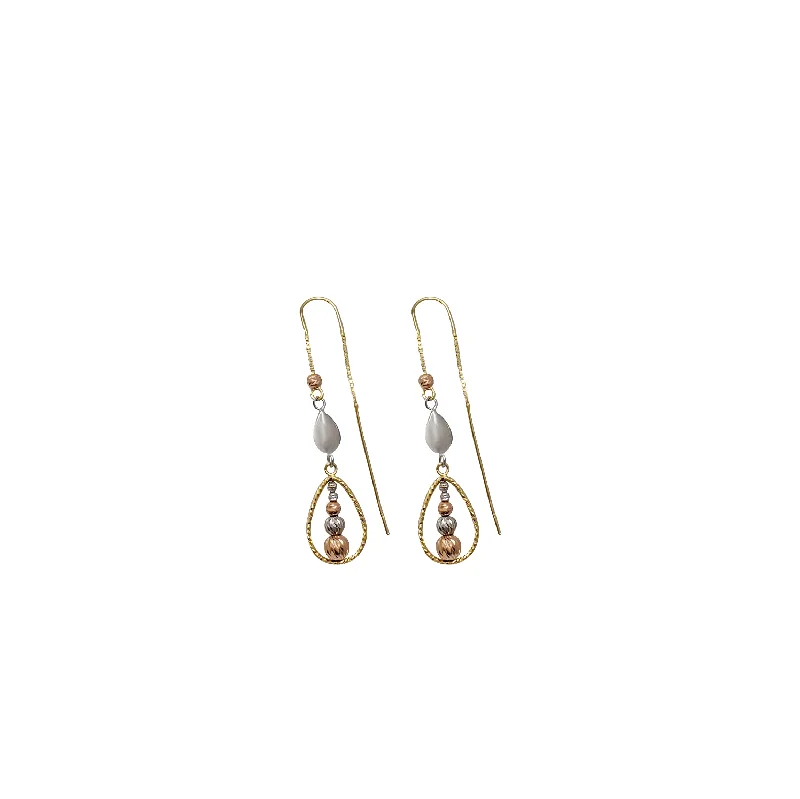 wedding earrings for women-Tricolor Diamond-Cut Teardrop Design Dangling Earrings (14K)