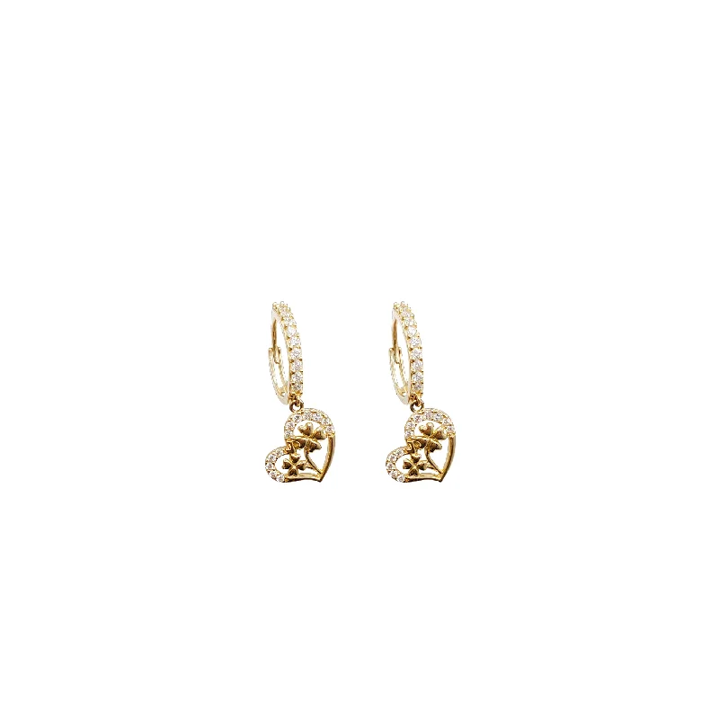 double hoop earrings for women-Heart with Flower Dangling Huggie Earrings (14K)