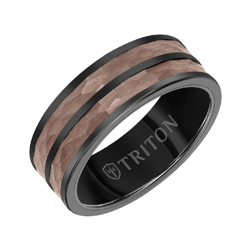 radiant cut engagement rings for women-ARTIS 8MM Brown & Black Tungsten Carbide Ring - Hammered Split Center