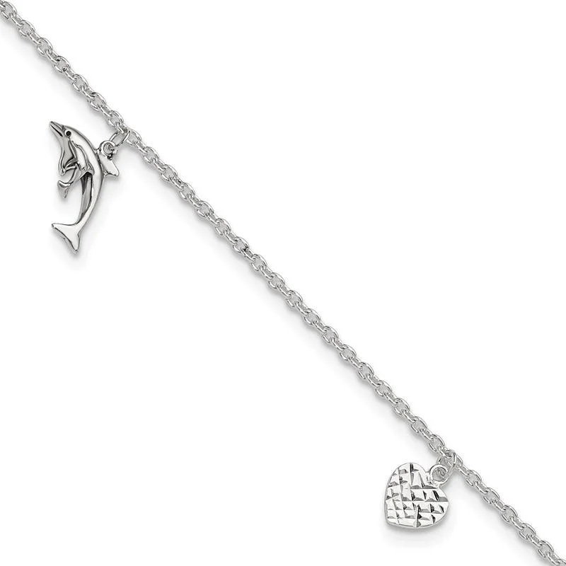 trendy ankle bracelets for women-Sterling Silver Polished Heart Star and Dolphin 10in Plus 1in ext. Anklet