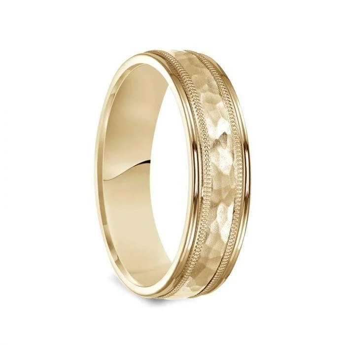 vintage style engagement rings for women-14k Yellow Gold Brushed Hammered Finish Milgrain Ring with Polished Edges - 6mm