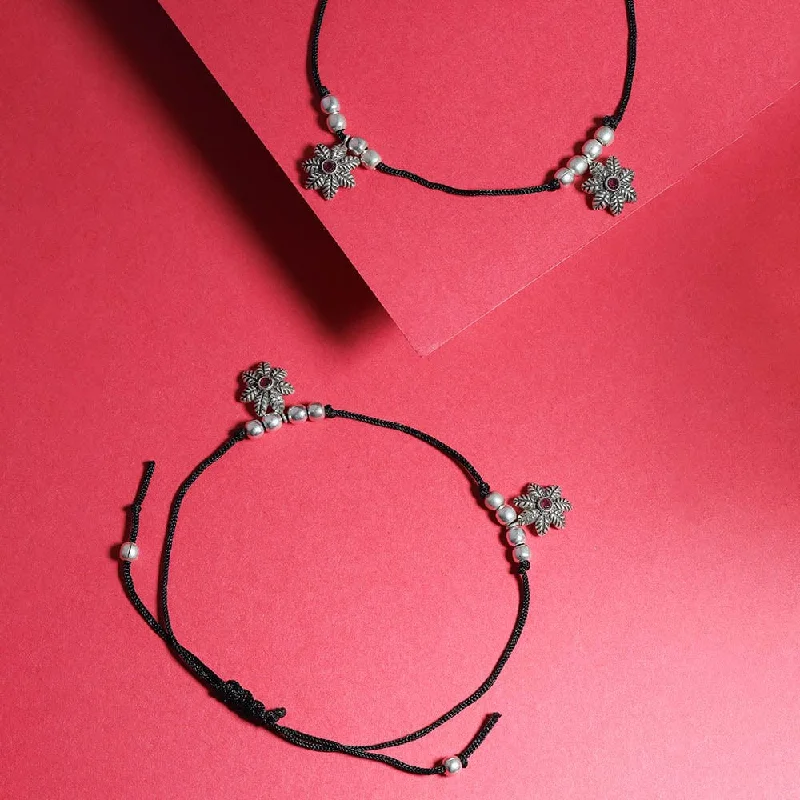 anklets with crystals for women-Silver Black thread flower Anklet