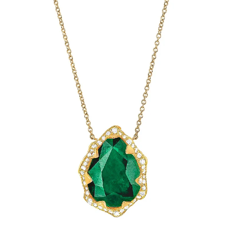 choker style necklace for women-Queen Water Drop Zambian Emerald Necklace with Full Pavé Diamond Halo