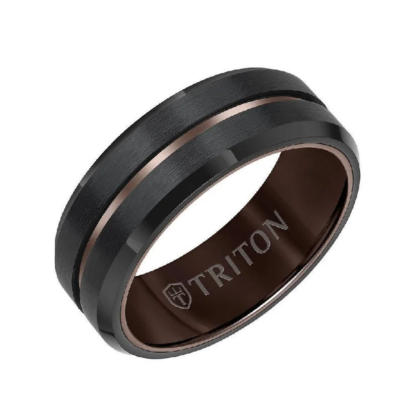 eternity engagement rings for women-OREN 8MM Brown and Black Tungsten Carbide Comfort Fit Ring - Satin Finish Center with Center Line