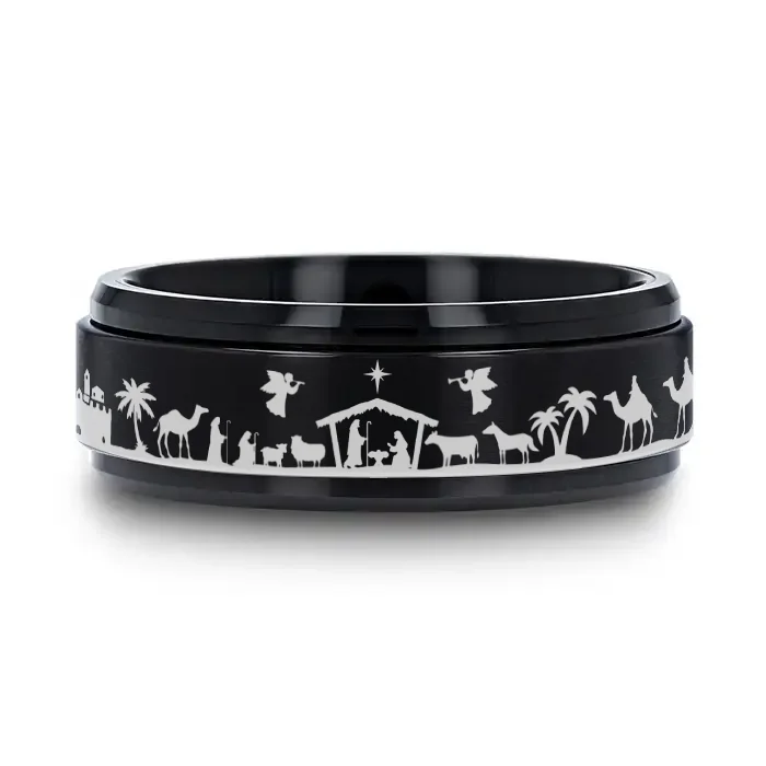 fancy diamond engagement rings for women-NATIVITY SCENE on Spinning Black Tungsten Carbide Ring