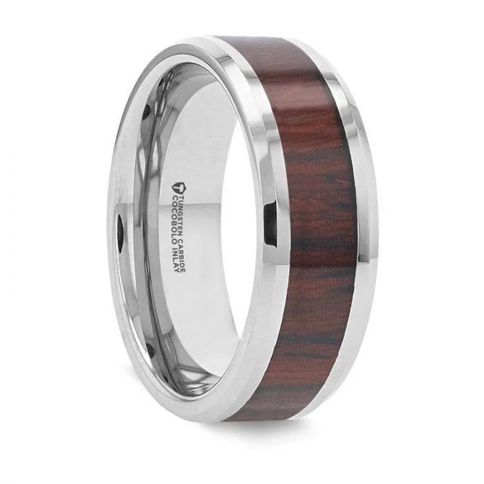 stunning solitaire engagement rings for women-PRESLEY Tungsten Carbide Ring with Rich Cocobolo Wood Inlay – 8mm