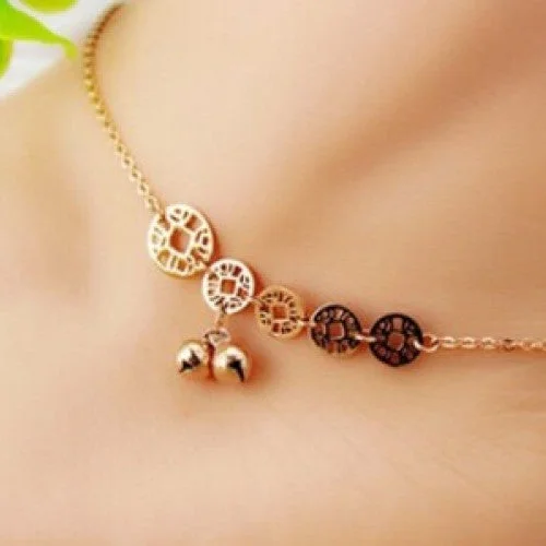 anklets with bells for women-Titanium steel 18K rose gold anklet - Lucky coins bell anklet