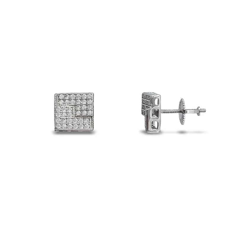 silver hoop earrings for women-Iced-Out Penrose Stairs Square Stud Earrings (Silver)