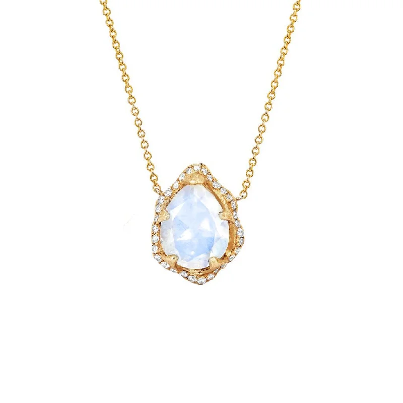 long necklace for women-Baby Queen Water Drop Moonstone Necklace with Full Pavé Diamond Halo