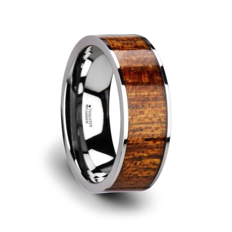 custom-made engagement rings for women-BOLO Flat Tungsten Carbide Band with Exotic Mahogany Hard Wood Inlay and Polished Edges - 8mm