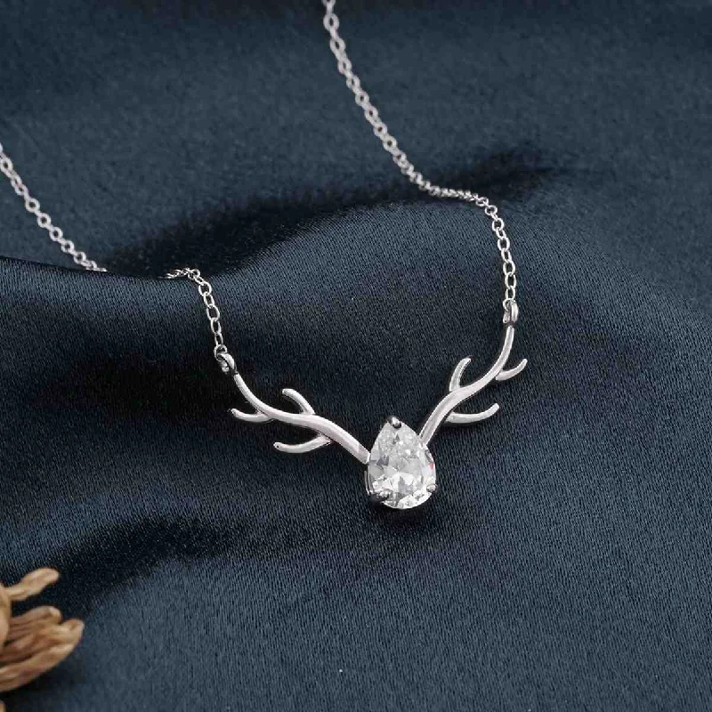 diamond heart necklace for women-Silver Deer Theme Heart CZ Necklace