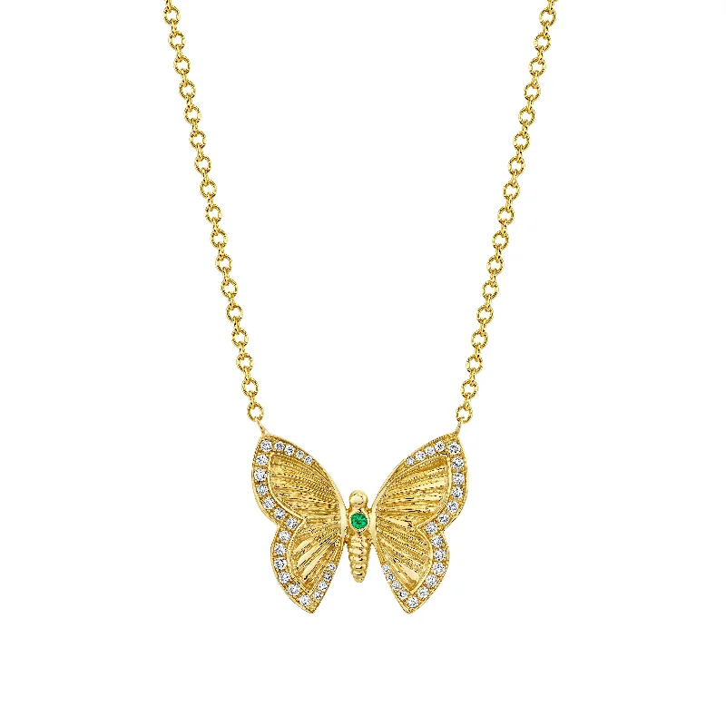 diamond heart necklace for women-Large Metamorphosis Butterfly Necklace with Emerald