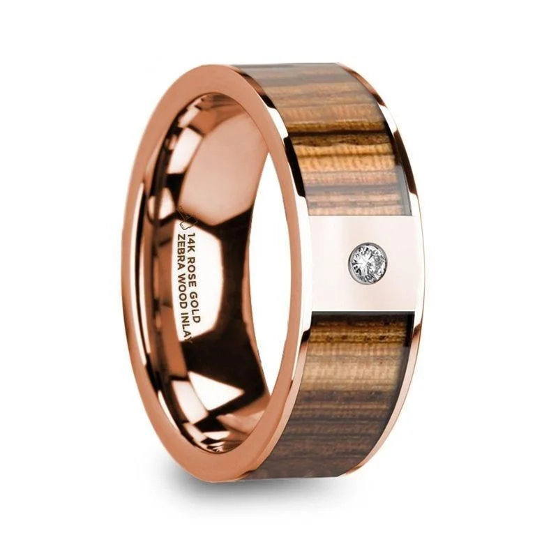 eternity engagement rings for women-GLAUCUS Flat 14K Rose Gold Ring with Zebra Wood Inlay & White Diamond Setting - 8mm