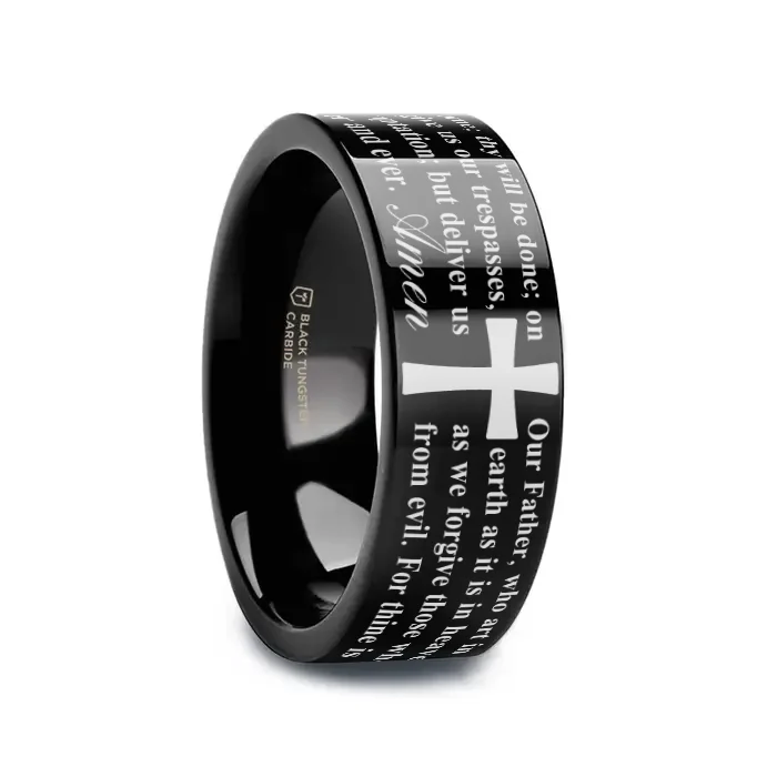 rose gold engagement rings for women-LORD'S PRAYER on Black Flat Tungsten Carbide Ring