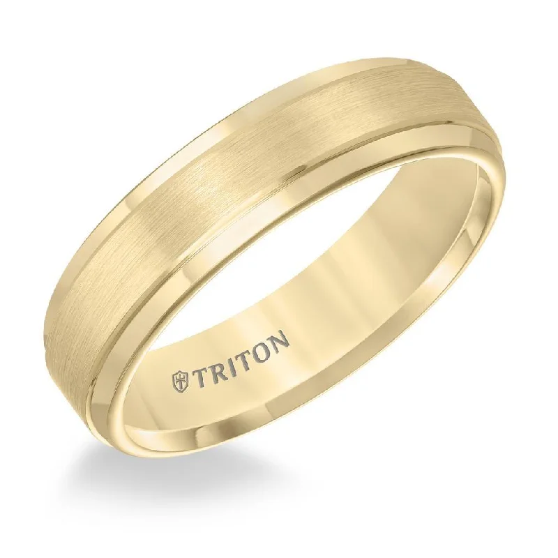 affordable engagement ring sets for women-BOYD Yellow Tungsten Carbide Step Edge Comfort Fit Band with Satin Finish Center by Triton Rings - 6mm