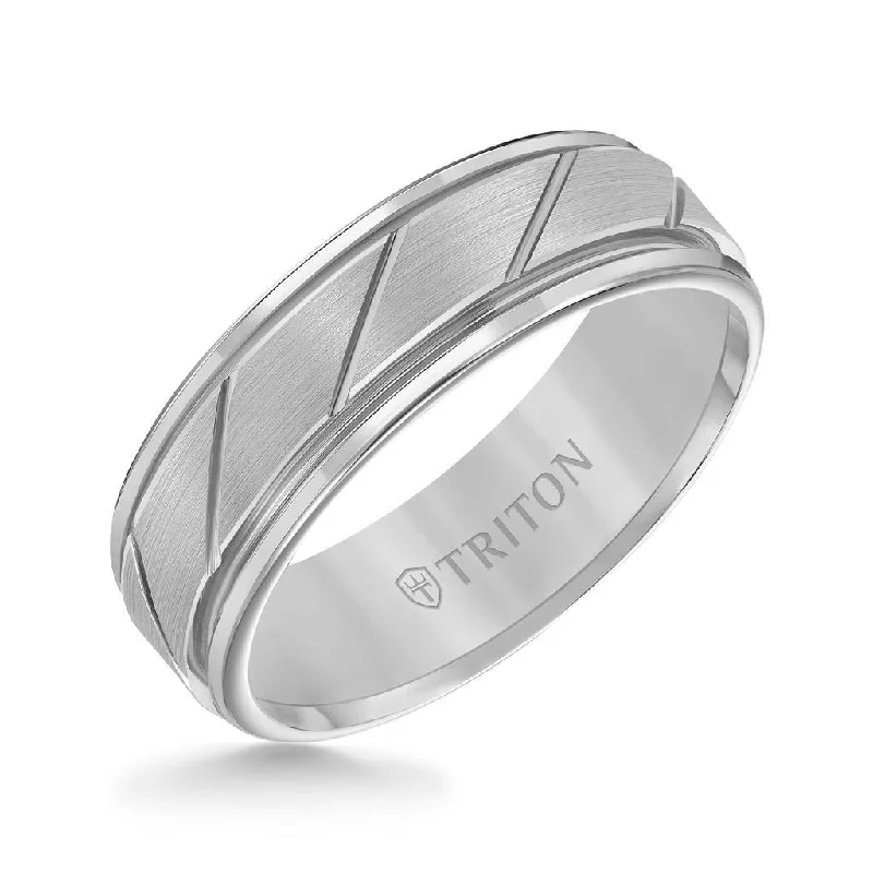 wedding engagement rings for women-FERGUSON Tungsten Carbide Comfort Fit Ring with Flat Satin Finish Center and Bright Diagonal Cuts with Dual Grooved Rims by Triton Rings - 7 mm