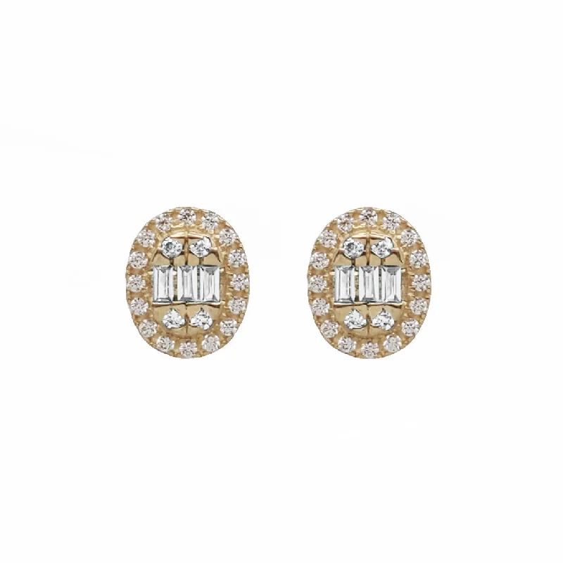 fashion earrings for women-Zirconia Baguette Oval Stud Earrings (14K)