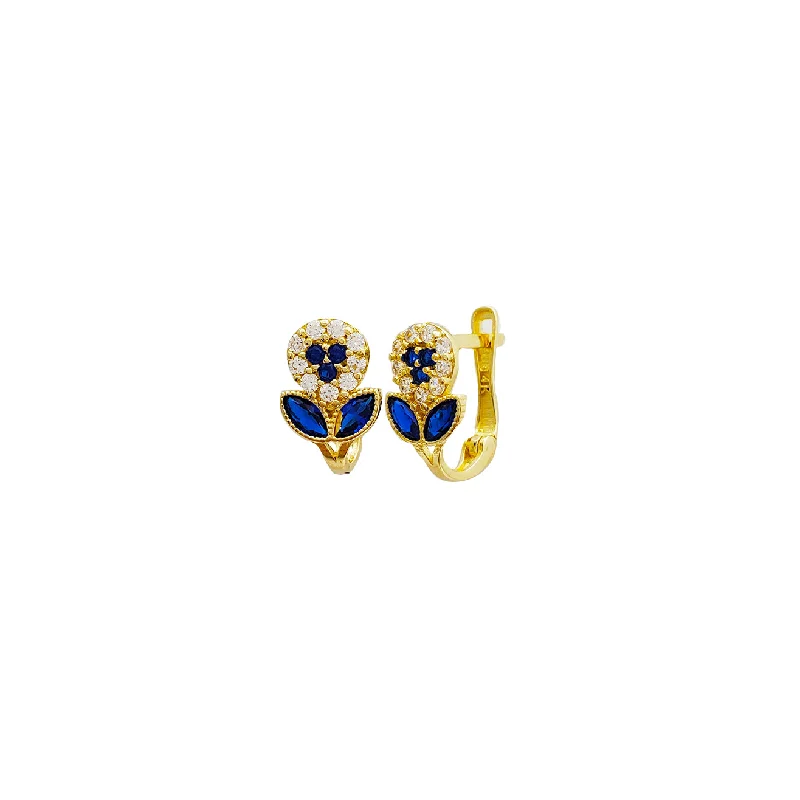 diamond earrings for women-Dark Blue Cubic Zirconia Flower Earrings (14K)