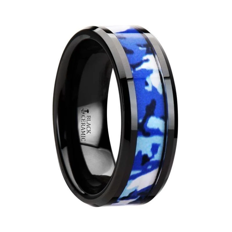 sapphire engagement rings for women-RECOIL Black Ceramic Ring with Blue and White Camouflage Inlay - 8mm