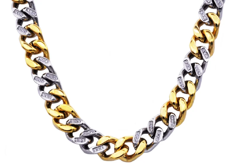 custom necklace for women-Mens 14mm Two Tone Gold Stainless Steel Cubic Zirconia Curb Link Chain Necklace