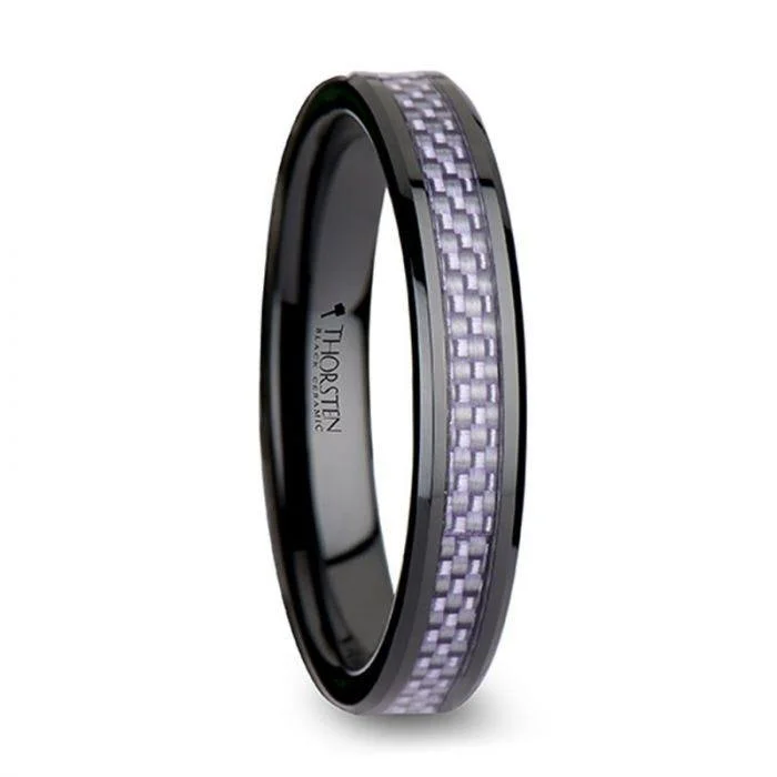 bridal engagement rings for women-LILAC Beveled Black Ceramic Ring with Purple Carbon Fiber Inlay - 4mm & 6mm