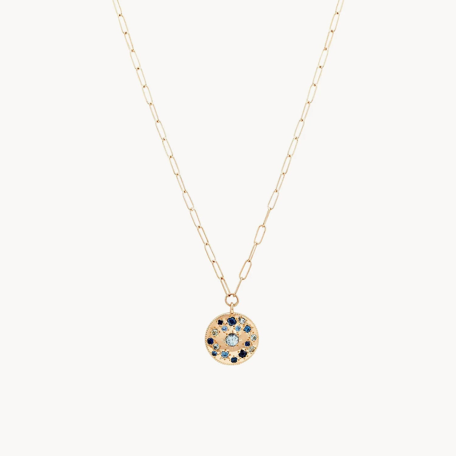 layered necklace for women-tie dye moonchild medallion necklace - 14k yellow gold, blue sapphire, 20"