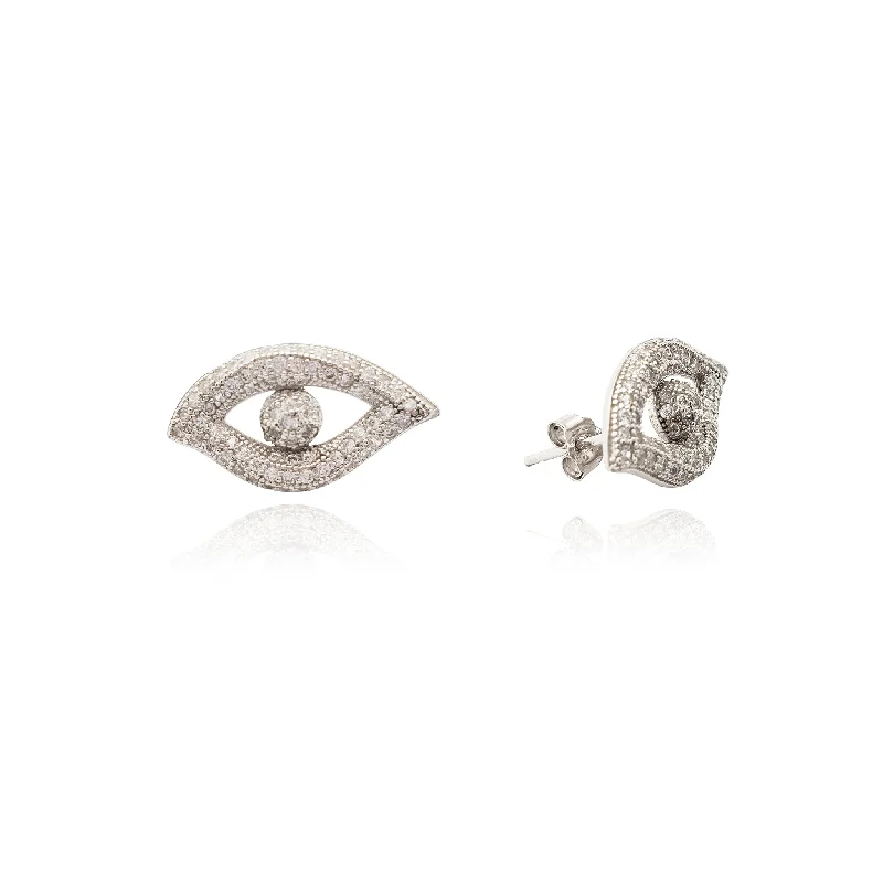 dainty hoop earrings for women-Iced-Out Evil Eye Stud Earrings (Silver)