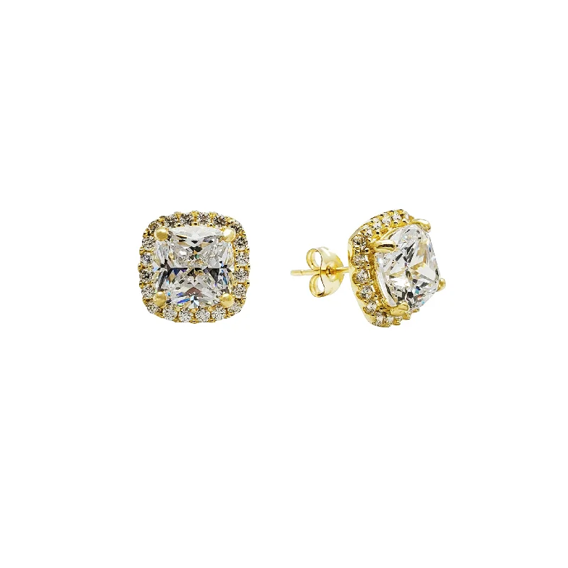 lightweight earrings for women-Halo Cushion Stud CZ Earring (14K)