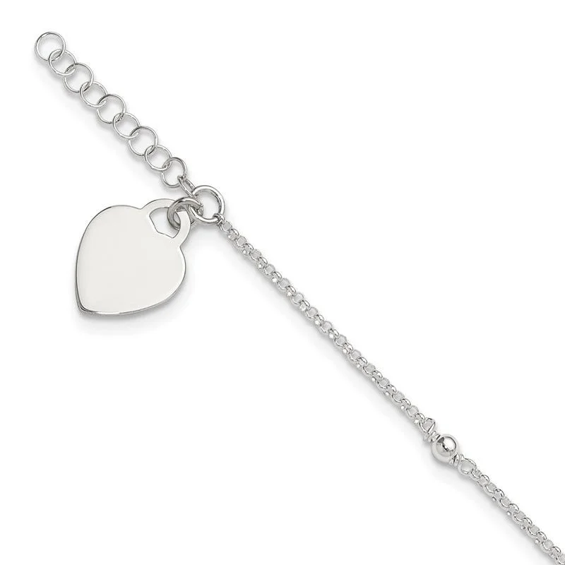 minimalist anklets for women-Sterling Silver Polished Bead and Heart 9in Plus 1in Ext. Anklet