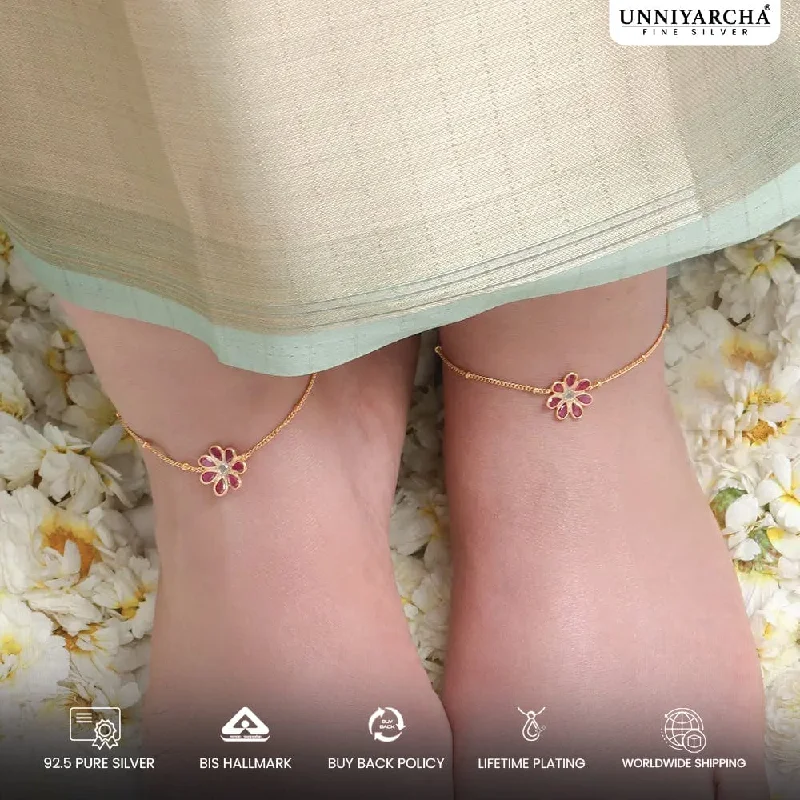 minimalist ankle bracelets for women-Silver 92.5 Flower Anklet