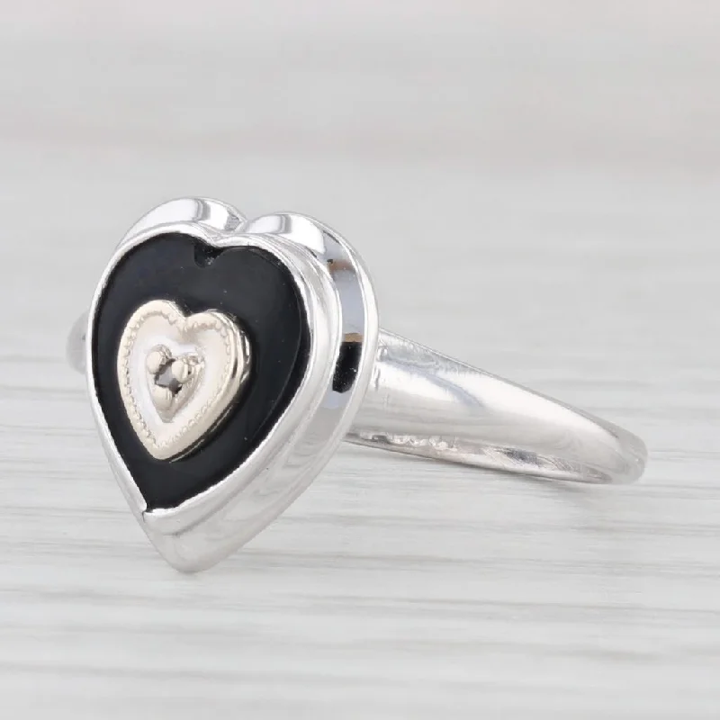 wedding and engagement rings for women-Vintage Onyx Heart Diamond Signet Ring 10k White Gold Size 7.25