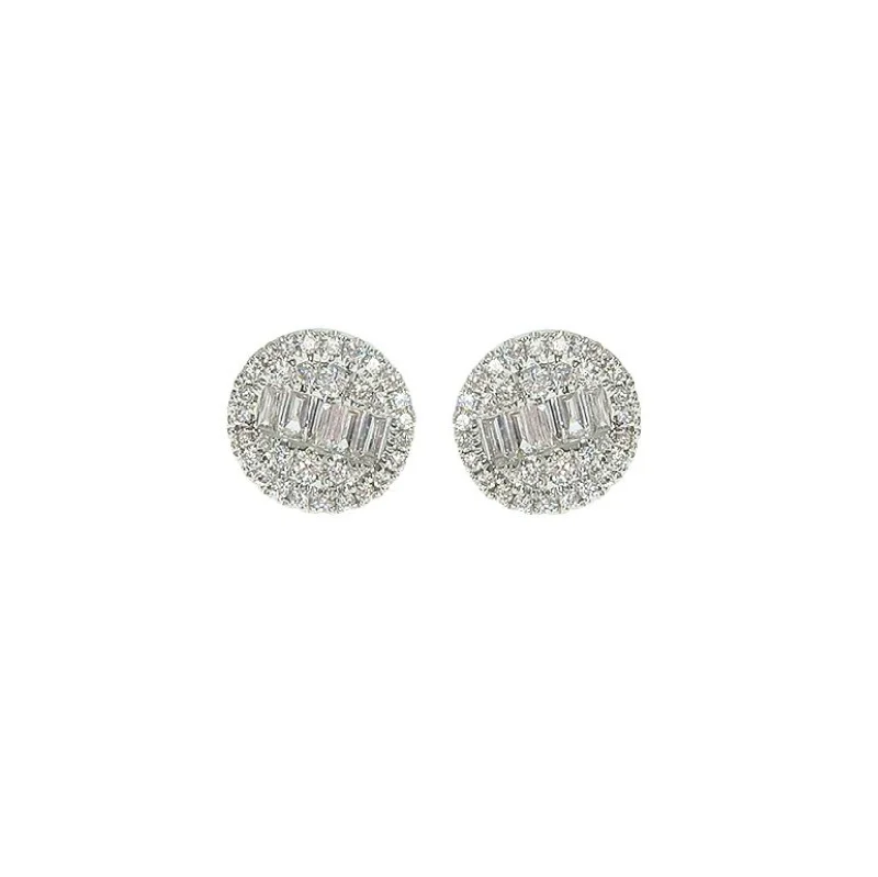 silver earrings for women-Diamond Baguette Cut Round Stud Earring