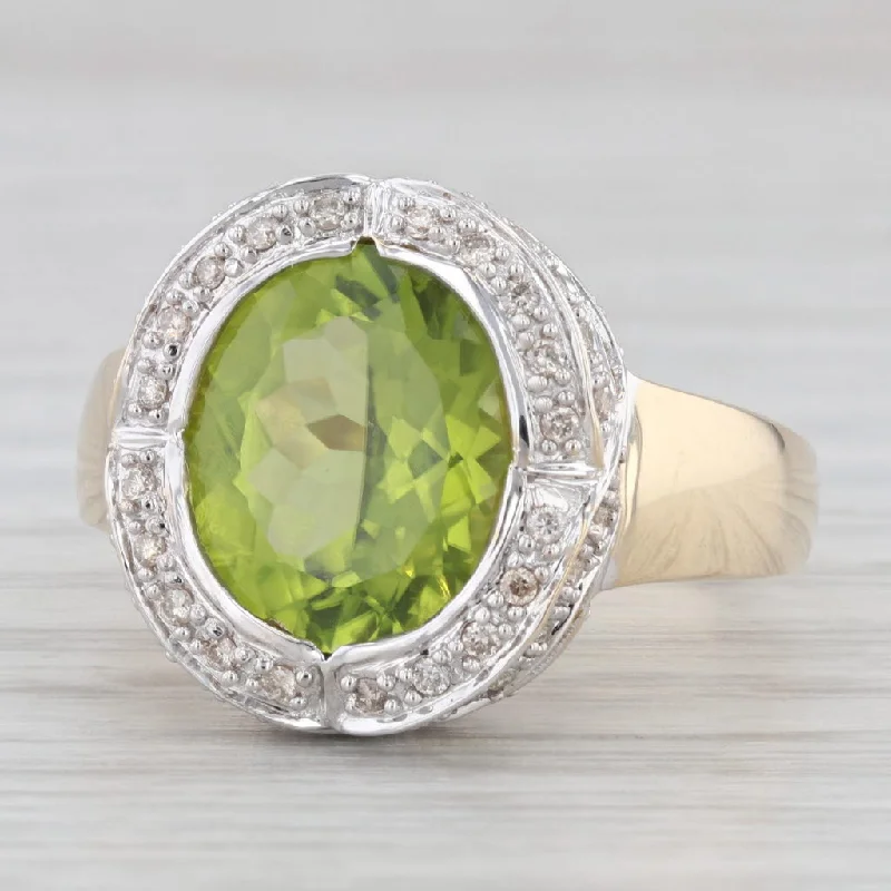 platinum solitaire engagement rings for women-4.90ctw Peridot Diamond Halo Ring 14k Yellow Gold Size 9 Cocktail