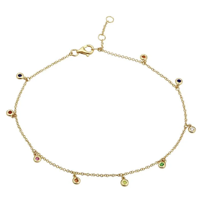 spiral anklets for women-14K Yellow Gold Rainbow Gemstone Anklet