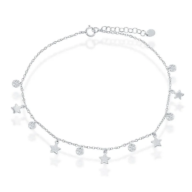 spiral anklets for women-Sterling Silver Cubic Zirconia with Shiny and Matte Stars Anklet