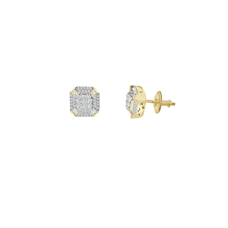 lightweight earrings for women-Diamond Baguette & Round Stud Earrings (14K)