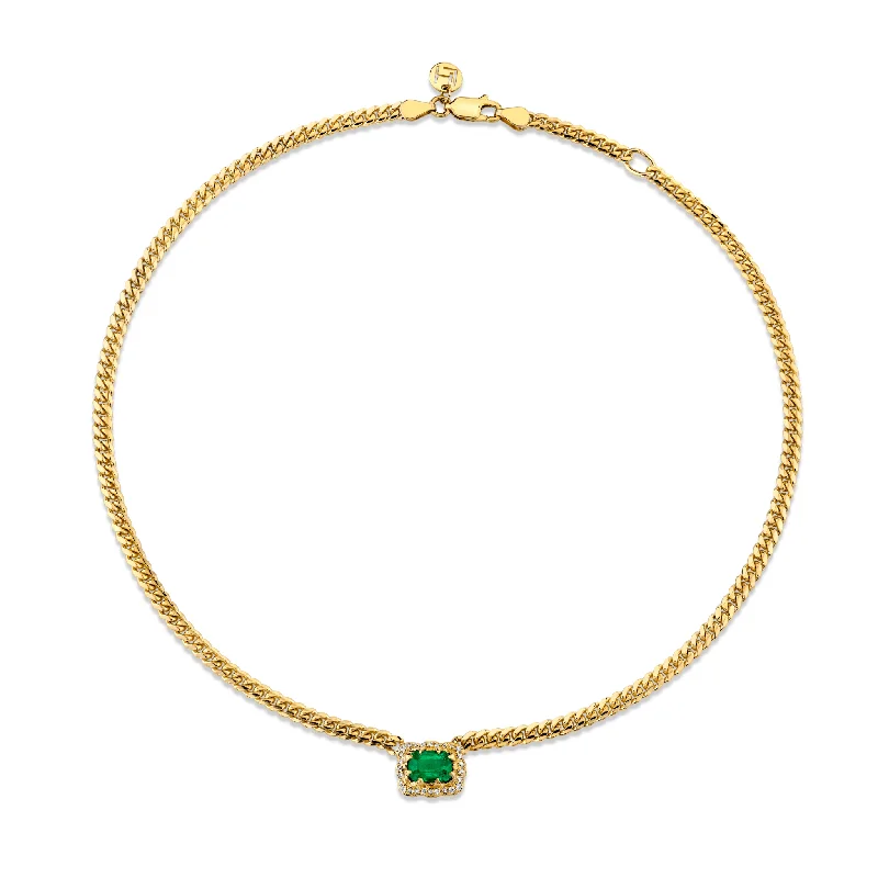 cute necklace for women-Queen Emerald Cut Emerald Cuban Choker w/ Full Pave Halo